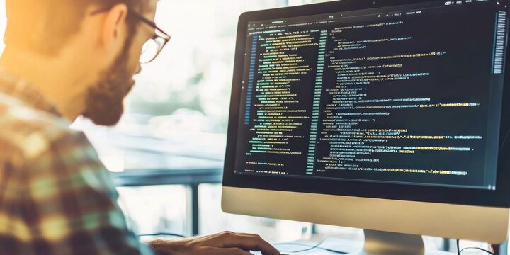 A young man sits at a computer, focused on the code displayed on the screen.