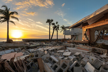 Destroyed house on ocean shore. Hurricane Milton consequences in Manasota Key, Florida. Storm surge...