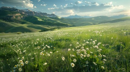A field of white wildflowers in front of rolling green hills and distant mountains.