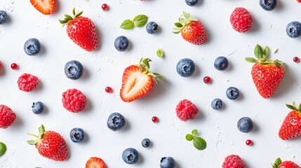 A colorful arrangement of fresh berries on a light background.