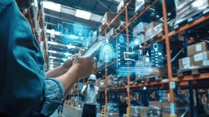 Naklejka premium Warehouse Worker Using Smartphone with Augmented Reality for Inventory Management