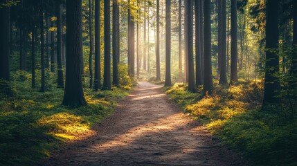 Obraz premium Serene Forest Path with Dappled Sunlight