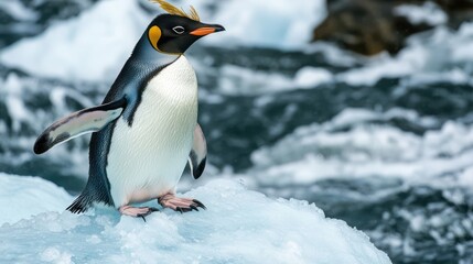 Fototapeta premium Macaroni Penguin Standing Proudly on Iceberg