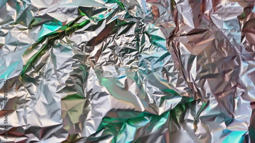 Poster the crumpled foil lies flat with a myriad of colors reflecting under natural light, showcasing intri