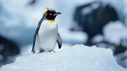 Fototapeta premium Macaroni Penguin Standing Proudly on Iceberg