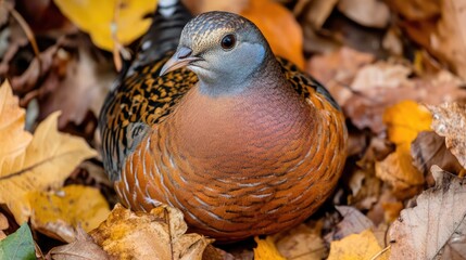 Obraz premium Colorful Bird Nestled Among Autumn Leaves