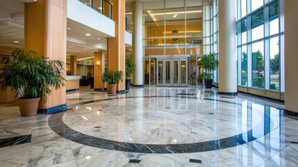 Elegant and Spacious Lobby Interior with Marble Flooring and Glass Walls
