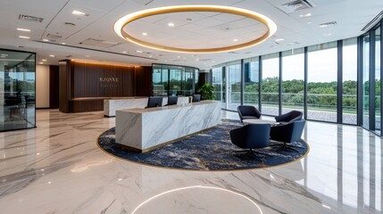 Sleek and Sophisticated Corporate Lobby with Marble Accents and Panoramic Views