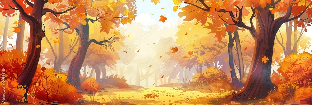 Poster a tranquil autumn forest features trees bursting with colorful leaves, highlighting the beauty of fa