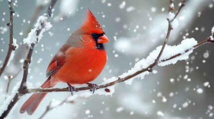 Northern Cardinal Perched on Snowy Branch