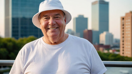 Plus size senior man wearing white t-shirt and white bucket hat standing on cityscape background
