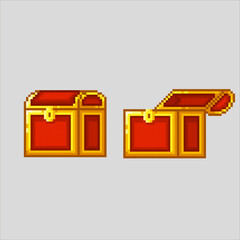 Set of closed and open chest, pixel art illustration