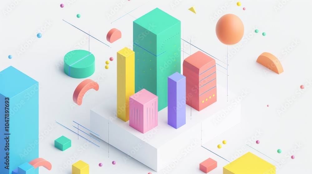 Wall mural abstract 3d geometric composition with colorful shapes and white background