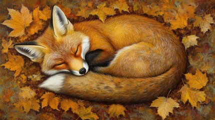 Fototapeta premium Cozy Fox Nestled among Autumn Leaves
