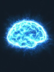 A glowing blue brain against a dark background, representing intelligence and thought.