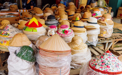 Traditional conical hats display in the market