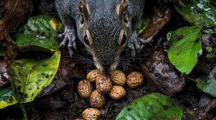 Obraz premium Squirrel foraging for nuts amid fallen leaves