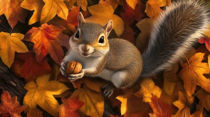 Cute Squirrel Among Colorful Autumn Leaves