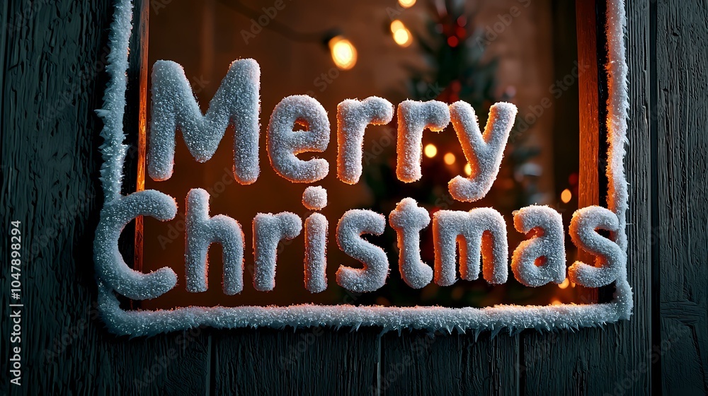 Poster the image shows a wooden window frame frosted over with snow and illuminated from behind with a warm
