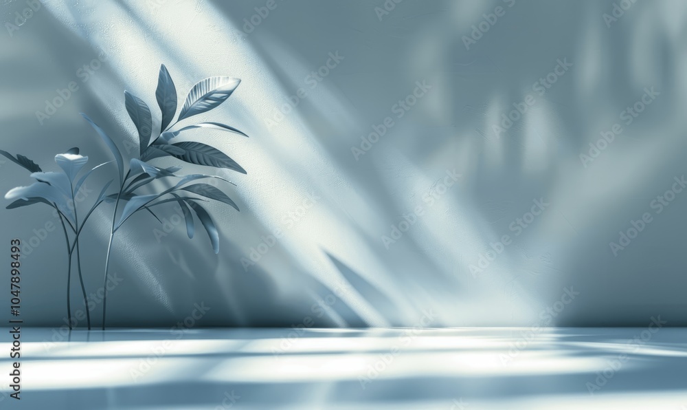 Poster light blue and white abstract background with leaf shadow for product presentation