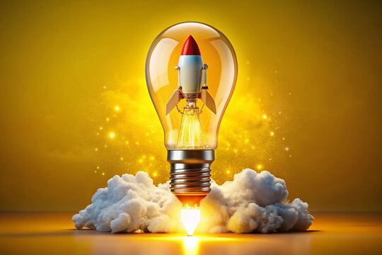 "Startup Ignition: Rocket & Light Bulb Double Exposure on Yellow"