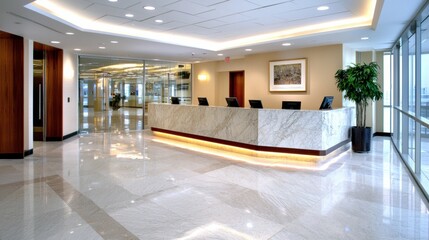 Elegant Modern Corporate Office Lobby with Marble Countertop and Bright Illumination