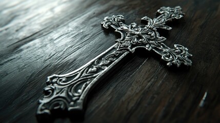 Ornate Silver Cross on a Wooden Surface
