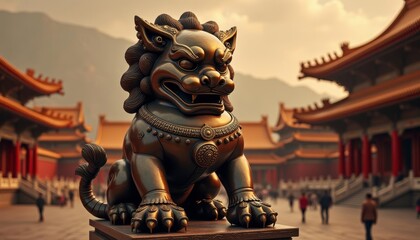 Fototapeta premium Elegant Chinese guardian statue in grand setting