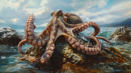 Fototapeta premium Octopus Resting on a Rocky Shore with Ocean in the Background