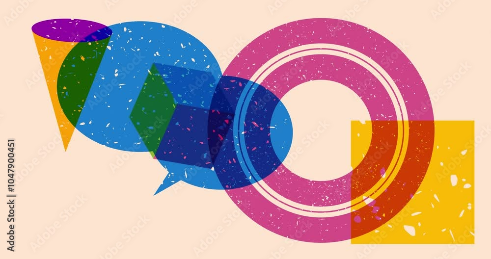 Poster risograph speech bubble with geometric shapes animation. moving object in trendy riso graph design v