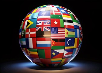 "Vibrant 360-degree Rotating Globe with Country Flags - Dynamic Landscape Stock Photo"