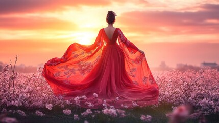 A woman in a flowing red dress stands in a blooming field at sunset, evoking beauty and serenity.