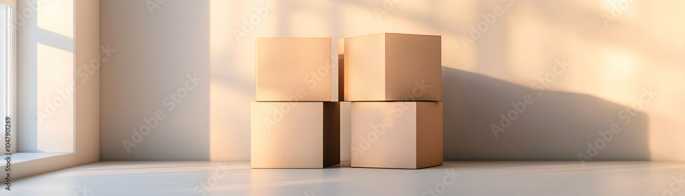 Poster neatly stacked boxes in minimalist room with soft lighting create serene atmosphere