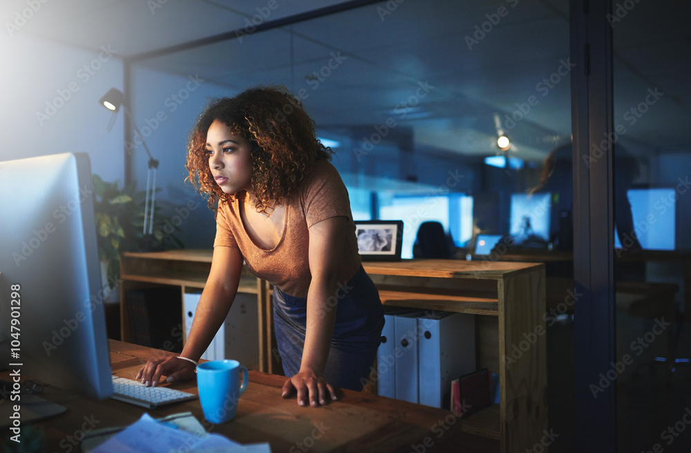 Poster Business, woman and typing on computer at night for IT career, software maintenance and programming. Girl, coder and online information with website error, security development and project deadline