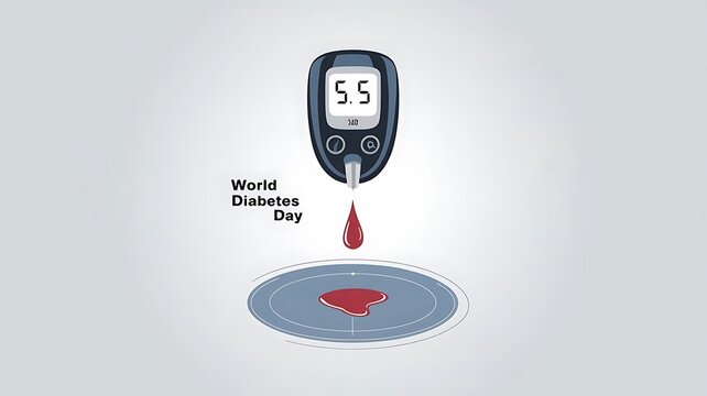 Minimalistic World Diabetes Day Design Featuring a Blood Glucose Meter with a 5.5 Reading, a Droplet of Blood, and Circular Blue Outline on a Clean White Background