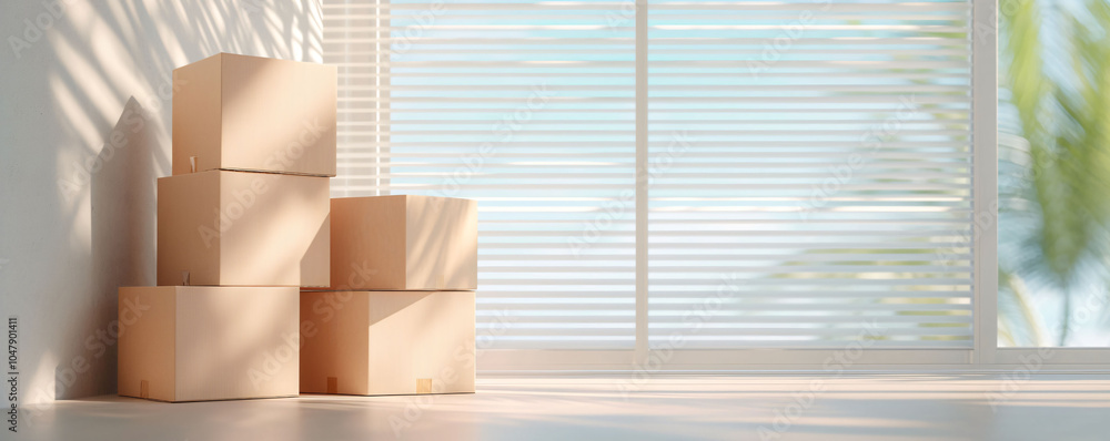 Poster cardboard boxes stacked near large window with soft light