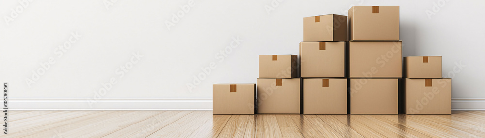 Poster stack of empty boxes in blank room with hardwood floor, ready for use