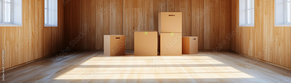 Poster empty room with moving boxes in sunlight creating warm atmosphere