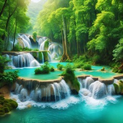 Turquoise waterfall cascading into a lush green forest