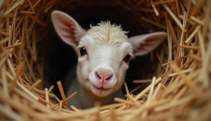 Fototapeta premium Cute lamb peeking from hay nest