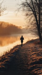 Fototapeta premium A lone runner silhouetted against the golden sunrise over a river, with bare trees in the background.