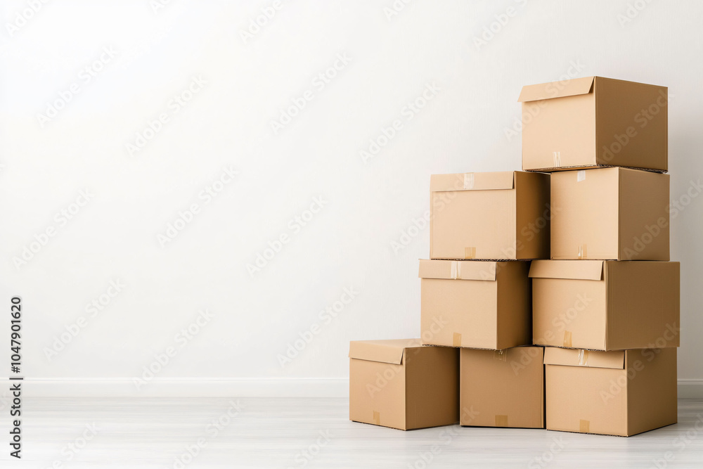Poster stacked cardboard boxes in minimalistic corner create tidy atmosphere