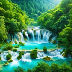 Turquoise waterfall cascading into a lush green forest