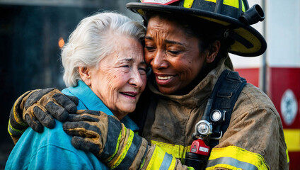 Mid adult female African American firefighter hugs Caucasian elderly woman who thanks her rescuer, crying with a smile in emotional, touching moment of relief after successful rescue. Close up image