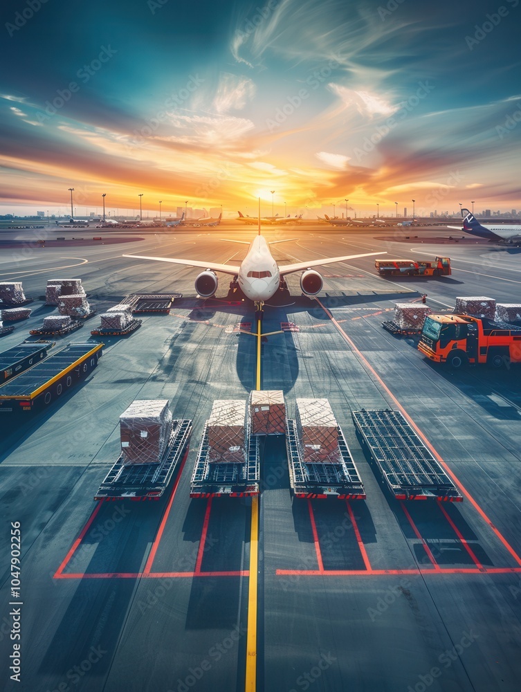 Poster a cargo airplane awaits loading on the runway, surrounded by equipment and illuminated by a stunning