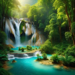 Turquoise waterfall cascading into a lush green forest