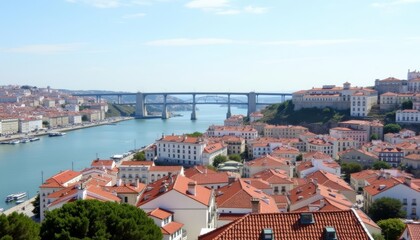 Obraz premium Vibrant coastal cityscape under clear skies