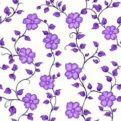 Seamless Purple Floral Pattern with Delicate Vines and Leaves, Vintage Style on a Light Background