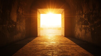 Obraz premium A bright light shines through an open doorway at the end of a dark tunnel.