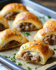 Delicious golden pastries filled with meat, ideal for appetizers or snacks.